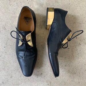 John Fluevog Black Leather Dress Shoes with Gold Accent